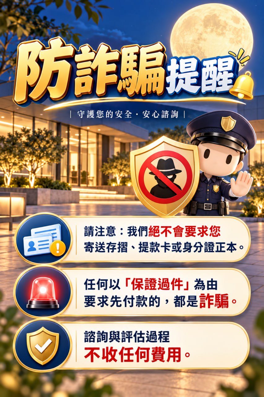 防詐騙提醒：我們絕不會要求您寄送存摺、提款卡或身分證正本；以保證過件為由要求先付款的都是詐騙；諮詢與評估過程不收任何費用